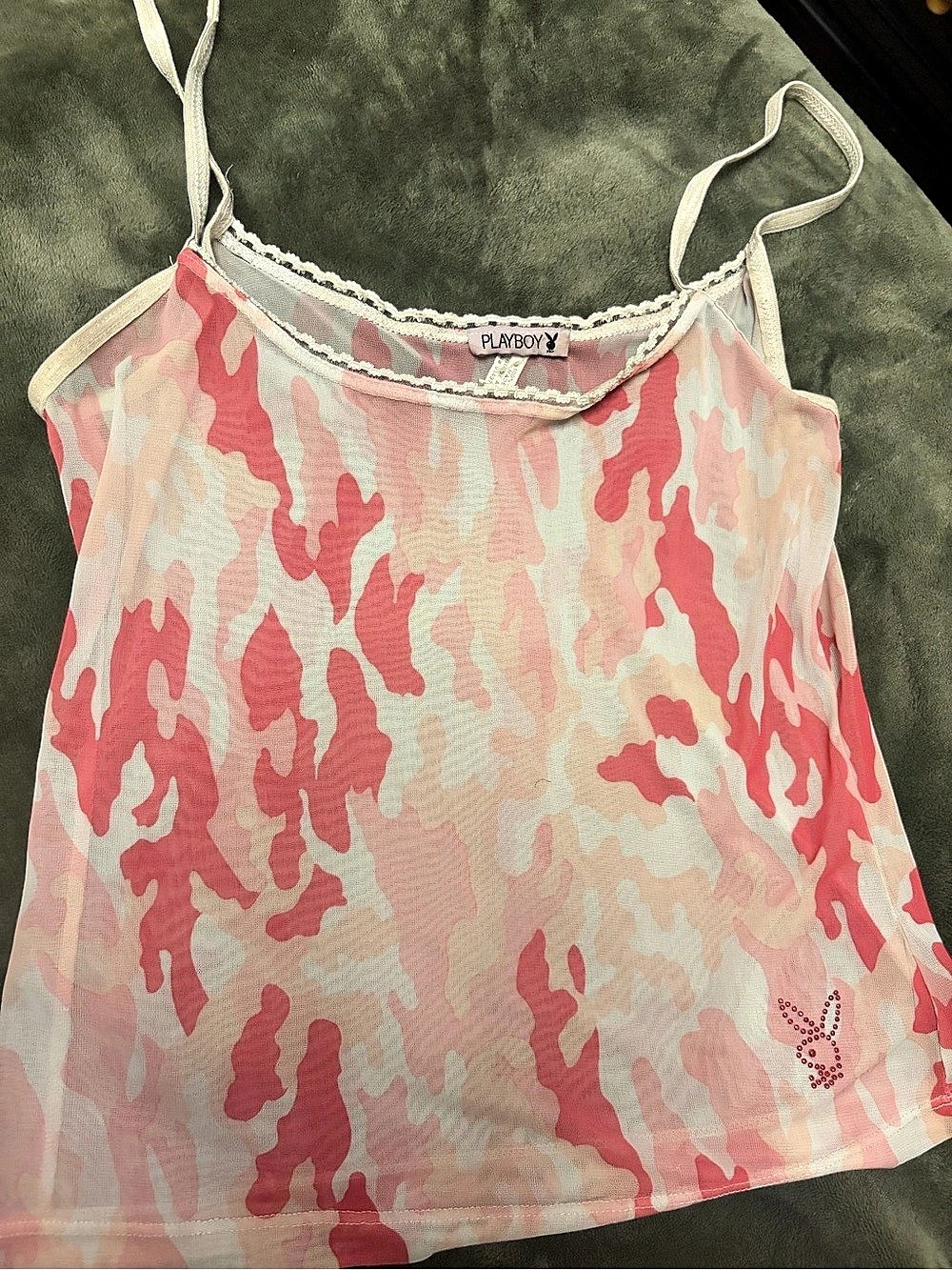 See Through Playboy Pink & White Camo Camisole Size Small